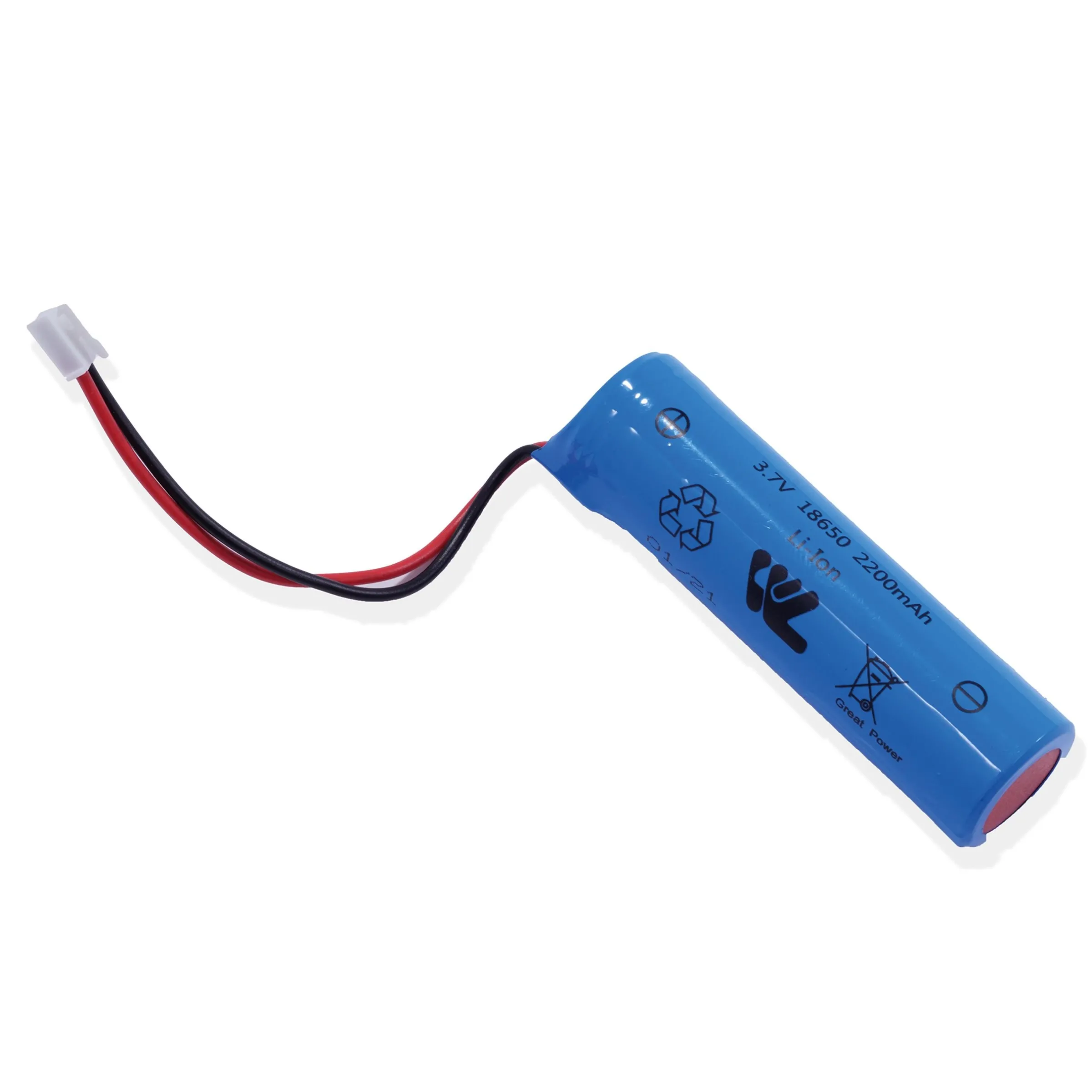 Akku Li-Ion 3,7 V 2200 mAh - Baugröße 18650 mit Stecker weiß