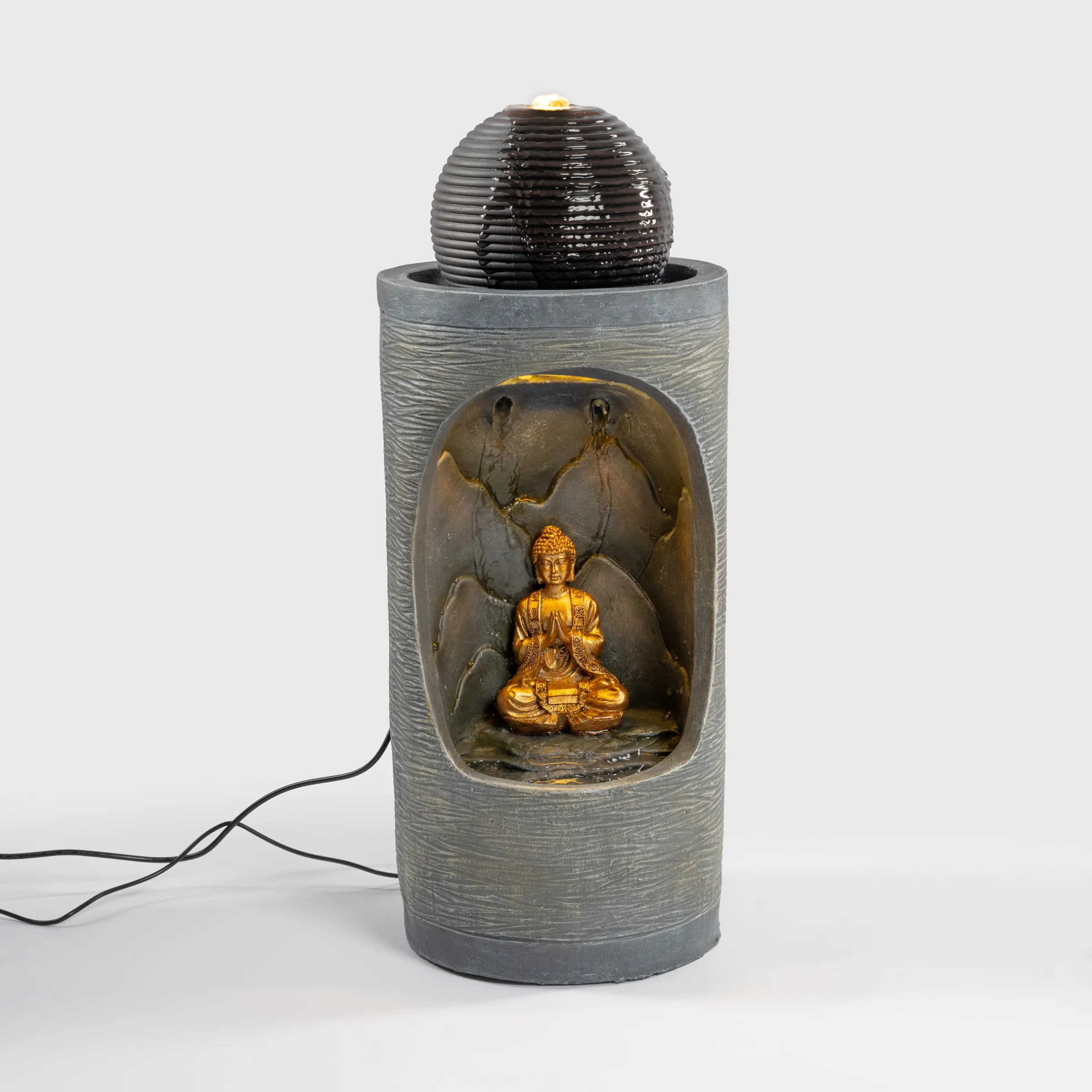 Runder Solar Brunnen mit Quelle, Buddhafigur und LED Licht