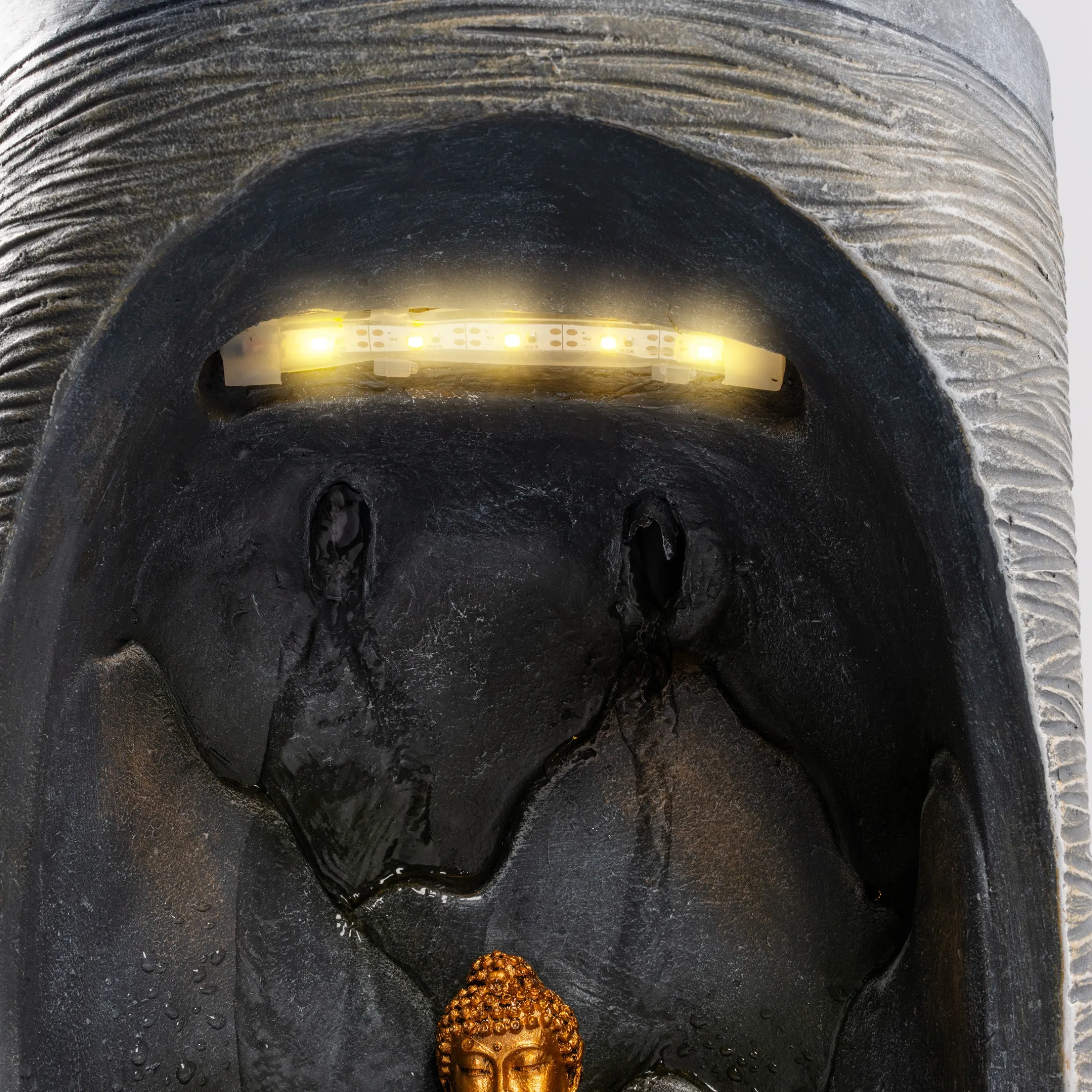 Runder Solar Brunnen mit Quelle, Buddhafigur und LED Licht