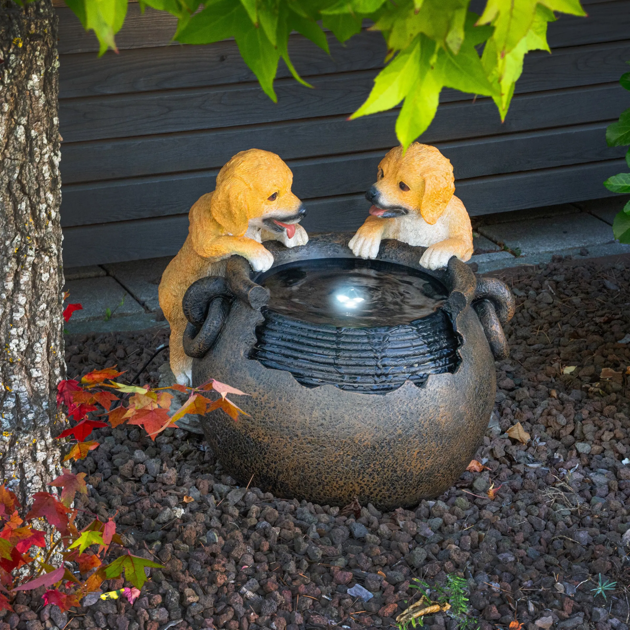 Solarbrunnen Hundewelpen Milo und Buddy am Brunnen mit LED Licht