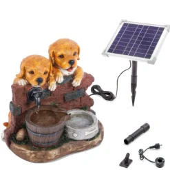 Solarbrunnen Welpen Milo & Buddy am Wasserbrunnen