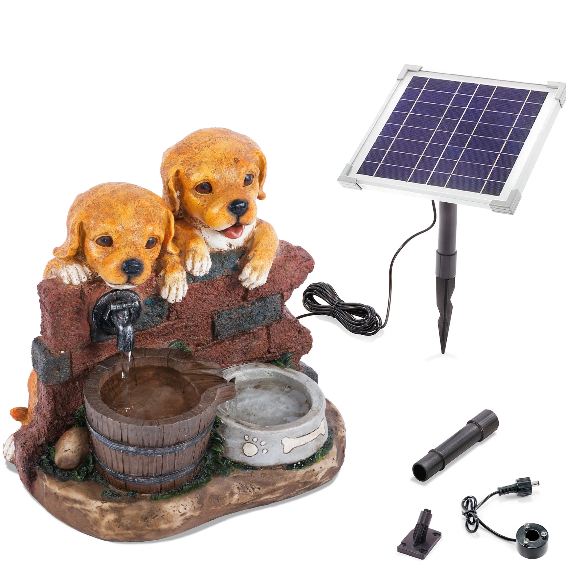 Solarbrunnen Welpen Milo & Buddy am Wasserbrunnen