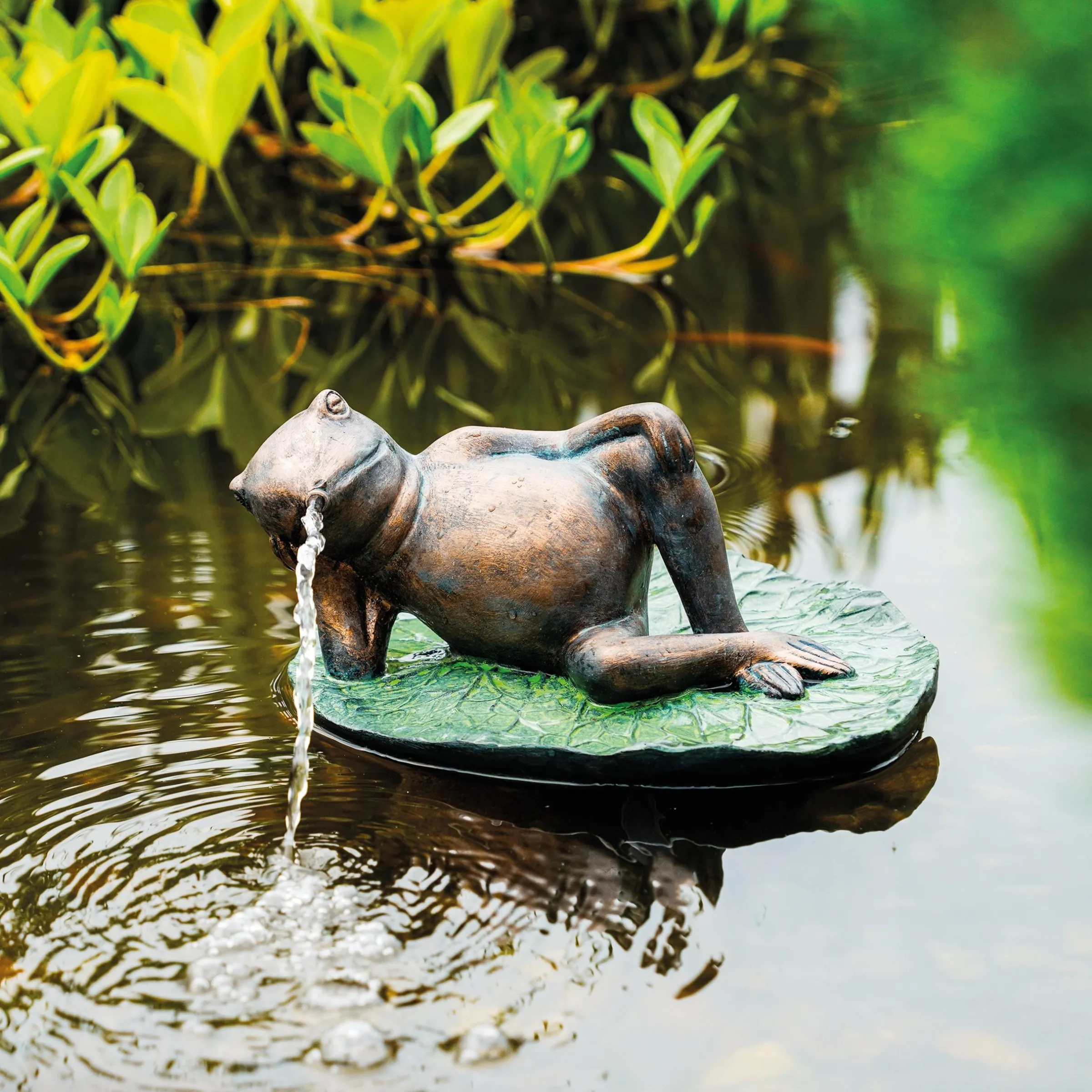Solar Wasserspeier-Set Frosch seitlich liegend auf Seerose