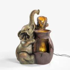 Solar Zierbrunnen Elefant am Tonkrug mit LED Licht