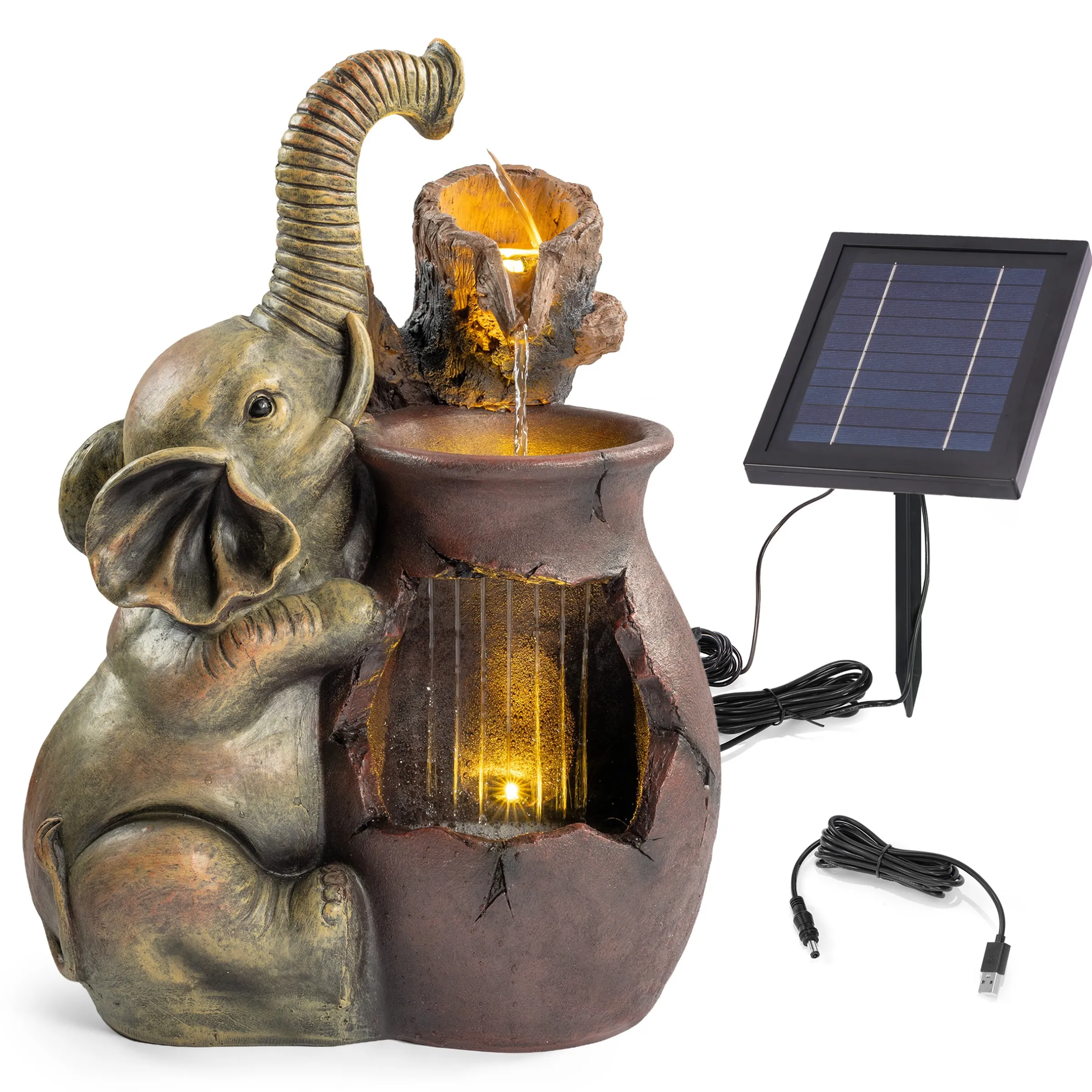 Solar Zierbrunnen Elefant am Tonkrug mit LED Licht